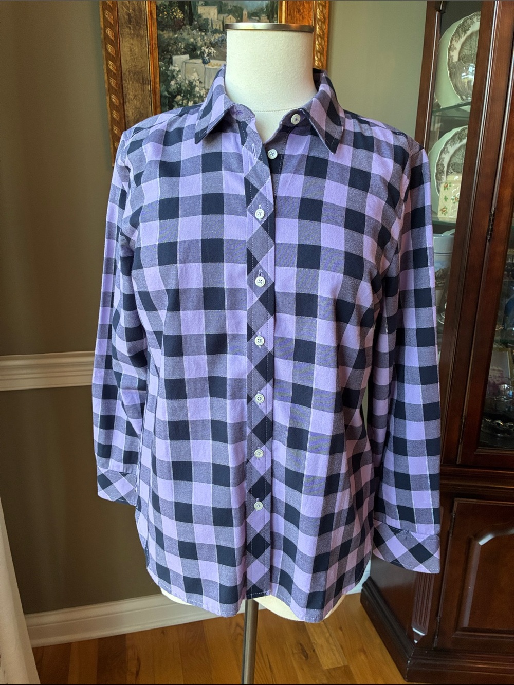 Talbots Lavender and Black Buffalo Check Button-Down Shirt Size Medium Petite